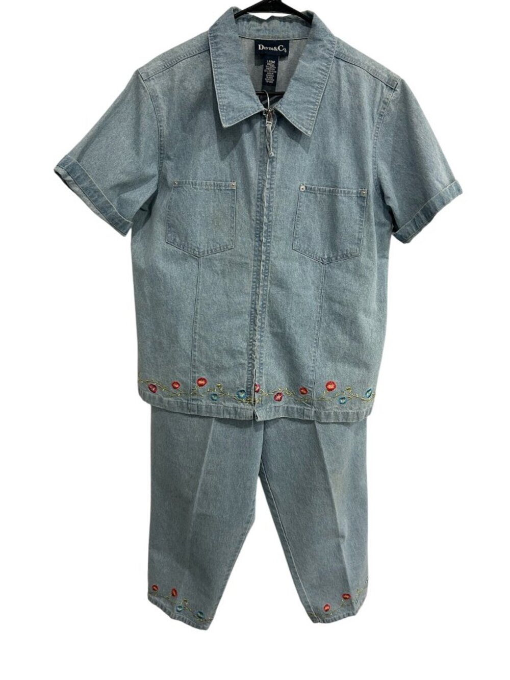 Denim & Co. Floral Embroidered Denim Two Piece Outfit Set Blue Sz Large Retro